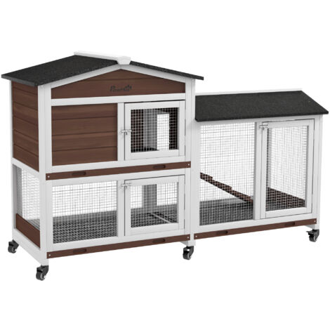 PawHut Rabbit Hutch Outdoor and Run Wooden Guinea Pig Hutch Bunny Cage w/Wheels Brown