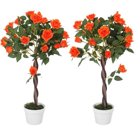 Outsunny Set of 2 90cm Artificial Rose Tree, Fake Decorative Plant, Orange (1/5)