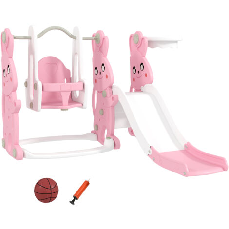 AIYAPLAY 4 in 1 Kids Slide and Swing Set with Climber, Basketball Hoop, Pink (1/5)