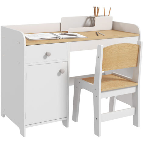 ZONEKIZ Kids Desk and Chair Set for Ages 3-6 Years w/ Storage Drawer - White (1/5)