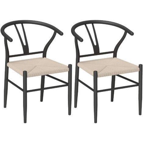 HOMCOM Weave Dining Chairs Set of 2 with Y-Shaped Backrest Hemp Seat Black