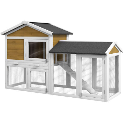 PawHut Rabbit Hutch, Guinea Pig Hutch Outdoor Double Tier w/ Ramp, Yellow