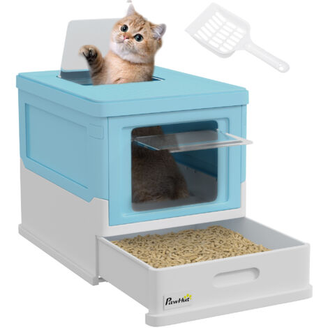 PawHut Hooded Cat Litter Box, Portable Pet Toilet w/ Tray, Scoop, Front Entry Light Blue