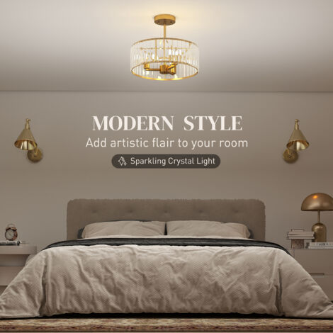 HOMCOM Semi Flush Mount Modern Crystal Chandelier Ceiling Light, Gold Tone