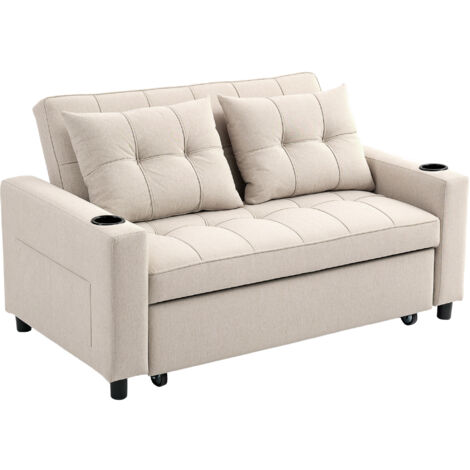 HOMCOM 2 Seater Pull Out Sofa Bed with Pockets for Living Room Beige