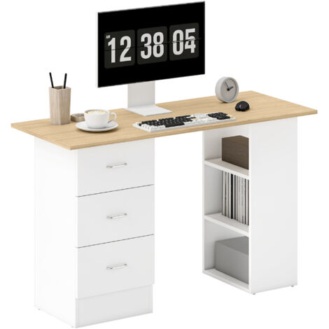 HOMCOM 120cm Computer Desk PC Table Workstation w/ 3 Shelf & Drawers Natural Wood Finish, White