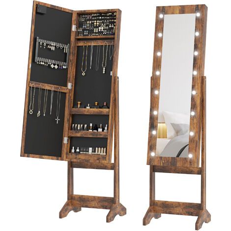 HOMCOM Freestanding LED Mirrored Jewelry Cabinet Rustic Brown (1/5)
