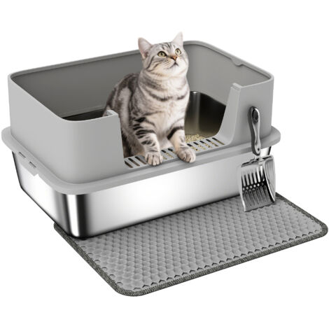 PawHut Stainless Steel Litter Box with Scoop, High Sided Cat Litter Tray