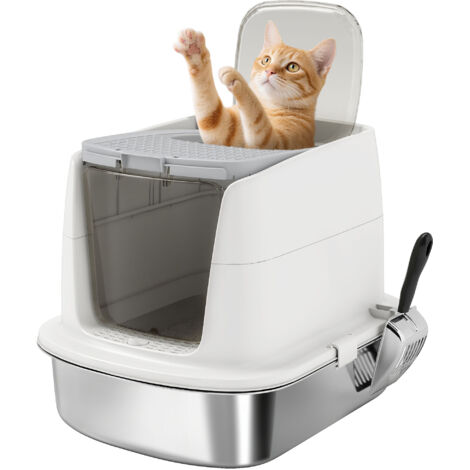 PawHut Stainless Steel Litter Box, Enclosed Metal Cat Litter Tray with Scoop (1/5)