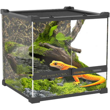 PawHut 24L Glass Terrarium, Reptile Vivarium with Stone Background, Black (1/5)