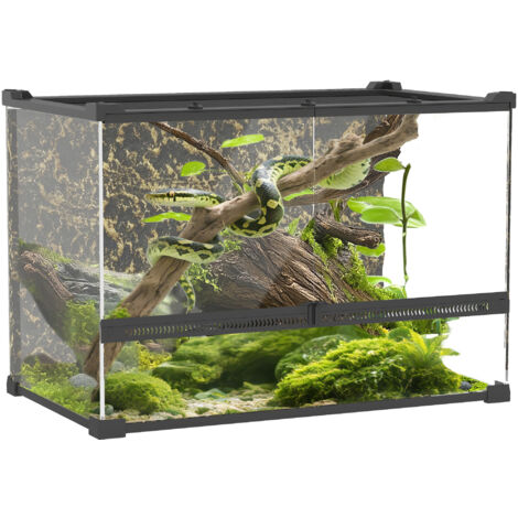 PawHut 48L Glass Terrarium, Reptile Vivarium with Stone Background, Black