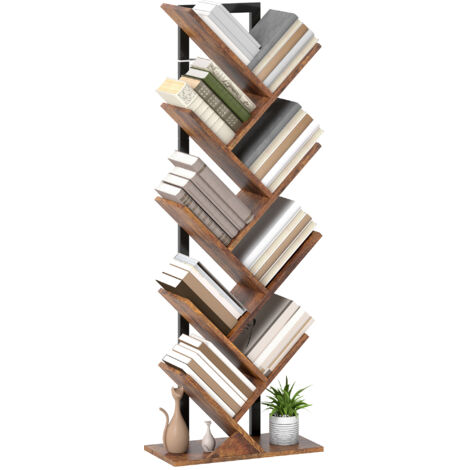 HOMCOM 9-Tier Tree Bookshelf with Steel Frame for Living Room, Rustic Brown (1/5)