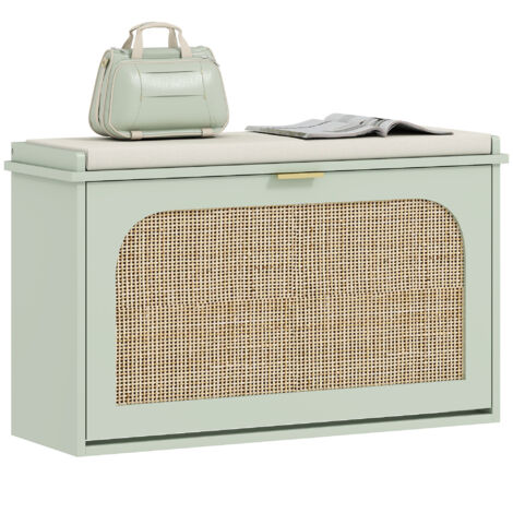 HOMCOM Boho Shoe Bench with Padded Seat and Flip-Drawer, Light Green