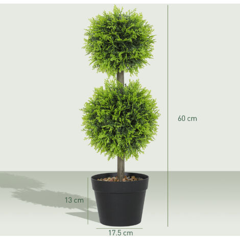 HOMCOM Set Of 2 Artificial Topiary Cypress Ball Trees – 60cm Tall With Pot & Pebbles Included