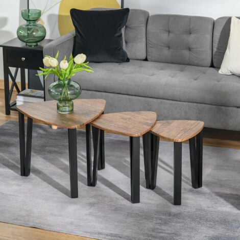 HOMCOM 3 PCs Nesting Table Coffee Table  Set MDF Living Room Furniture Walnut