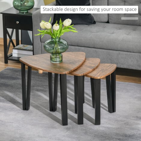 HOMCOM 3 PCs Nesting Table Coffee Table  Set MDF Living Room Furniture Walnut
