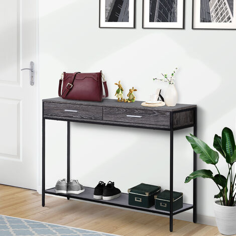 HOMCOM Console Table Worktop Bottom Shelf 2 Drawer Industrial Minimal Style Grey