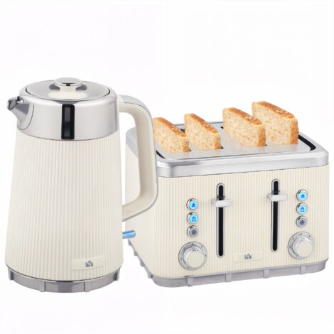 HOMCOM 1.7L 3000W Rapid Boil Kettle and 4 Slice Toaster Set Crumb Tray Cream