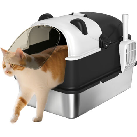 PawHut XL Stainless Steel Litter Box Tray with Lid, Panda Style
