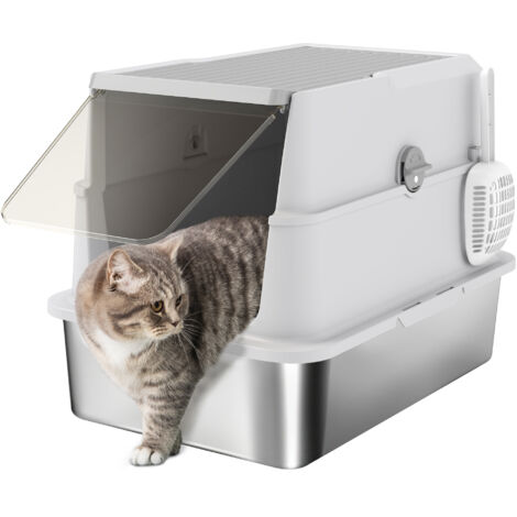 PawHut Extra Large Stainless Steel Cat Litter Tray with Scoop, Flip Top (1/5)