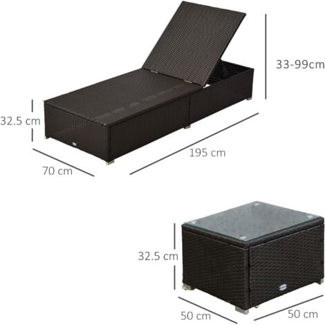 Outsunny 3 Pieces Sun Lounger Rattan Furniture Recliner Wicker Brown Garden
