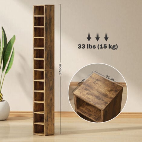 HOMCOM 204 CD Storage Tower Tall Bookcase Bookshelf with 12 Cubes Rustic Brown