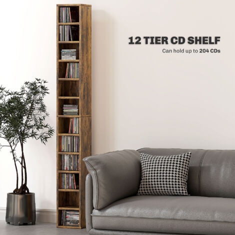HOMCOM 204 CD Storage Tower Tall Bookcase Bookshelf with 12 Cubes Rustic Brown
