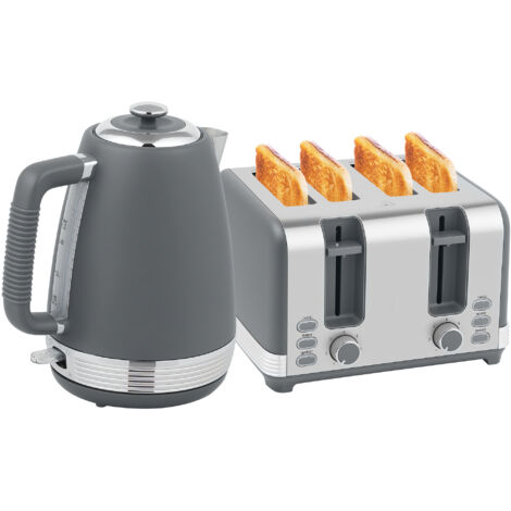 HOMCOM 1.7L 3000W Quick Boil Kettle and 4 Slice Toaster Set Crumb Tray Grey
