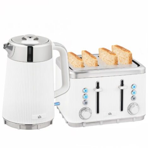 HOMCOM 1.7L 3000W Rapid Boil Kettle and 4 Slice Toaster Set Crumb Tray White