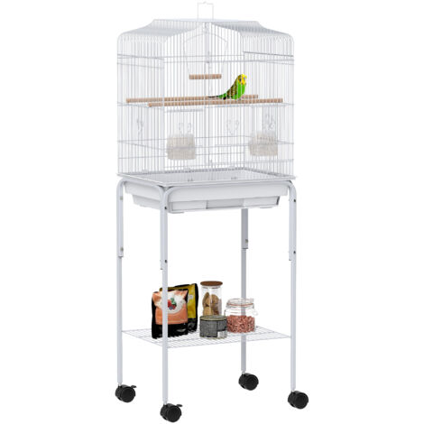 PawHut Bird Cage with Stand, Wheels, Toys, for Budgies, Finches, White