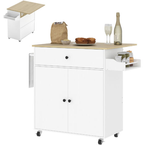HOMCOM Kitchen Island with Drop Leaf, Rolling Kitchen Storage Trolley, White