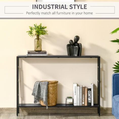 HOMCOM Industrial Console Table w/ Storage Shelf Black Metal Frame Grey