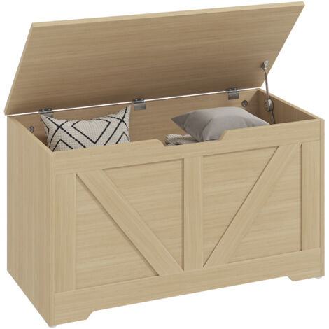 HOMCOM Storage Trunk with Safety Hinge, 80cm, Natural Wood Finish (1/5)