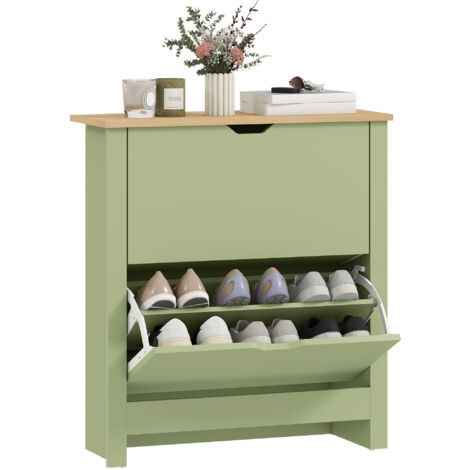 HOMCOM 12-Shoe Storage Cabinet 4 Shelves 2 Drawers Tabletop Green (1/5)