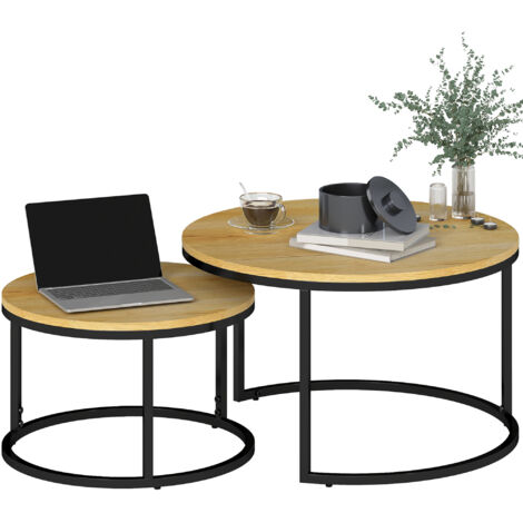 HOMCOM 2 Pcs Stacking Coffee Table Set Steel Frame Marble-Effect Top Foot Pads Natural