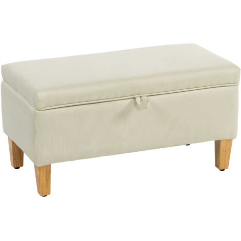 HOMCOM Linen Storage Ottoman Storage Box with Rubberwood Legs, Beige
