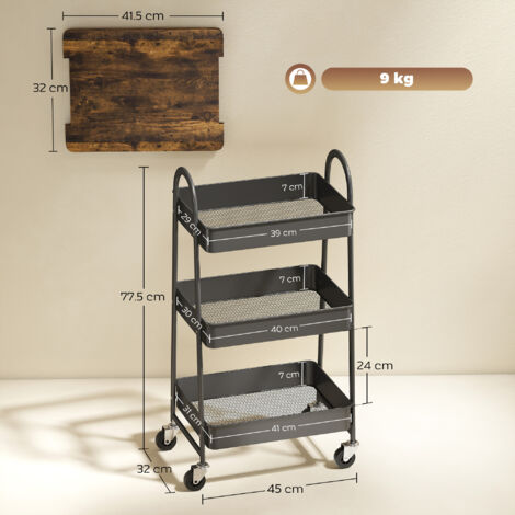 HOMCOM Rolling Utility Cart with Mesh Baskets for Kitchen Rustic Brown ...