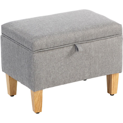 HOMCOM Linen Storage Ottoman Storage Box with Rubberwood Legs, Light Grey