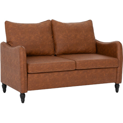 HOMCOM Two-Seater Sofa, Modern Small Sofa with Solid Wood Legs, Brown