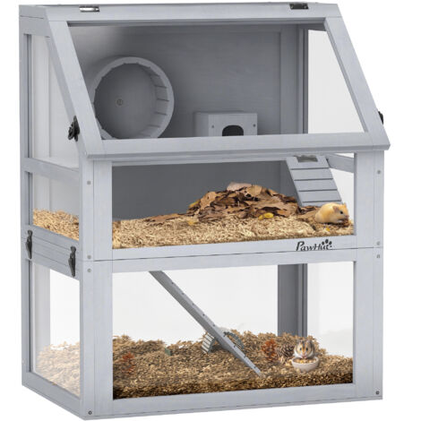 PawHut Wooden Hamster Cage w/ Detachable Bottom, Hut, Seesaw, Light Grey