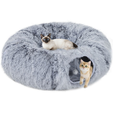 PawHut Donut Play Tunnel Bed with Washable Cushion and Toy Ball, Light Grey