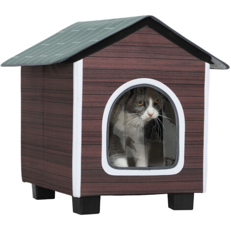 PawHut Outdoor Cat House with Elevated Base, Cushion, Red-brown