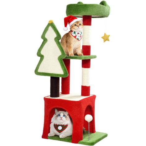 PawHut 103cm Christmas Cat Tower with Scratching Post and Board, Green (1/5)