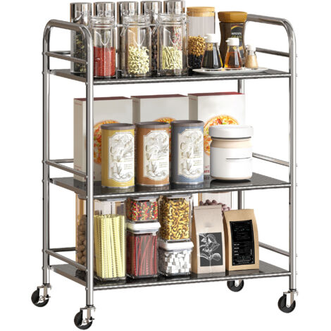 HOMCOM 3 Tier Kitchen Trolley on Wheels Serving Cart with Handles Silver (1/5)