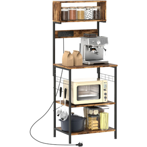 HOMCOM Bakers Rack with Power Outlet, 5 Hooks, Microwave Stand, Brown