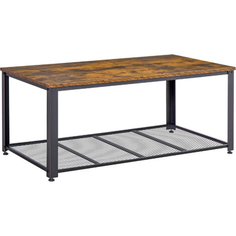 Homcom Industrial Style Coffee Table Metal Frame W Mesh Shelf Adjustable Feet Mdf Top Uk833 7230331