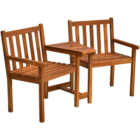 Outsunny 2 Seat Wood Double Chair W Middle Table Slatted Bench Garden - 2 Seater Wooden Garden Bench With Table