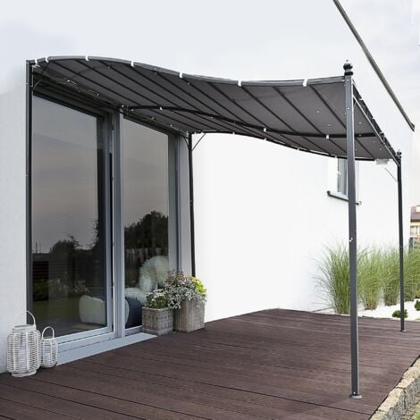 Outsunny 3 x 3M Wall Mounted Awning Free Stand Canopy Shade Garden Porch Pergola Grey