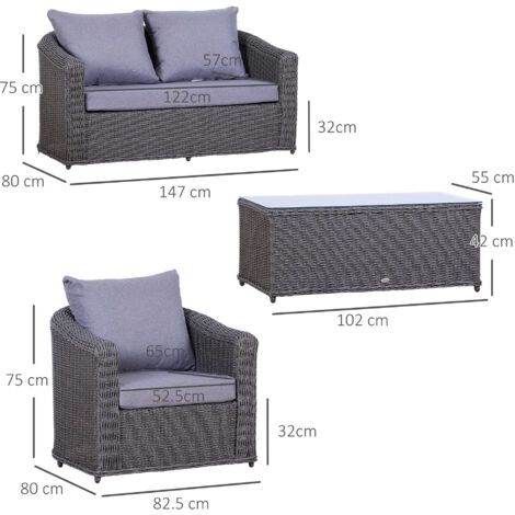 Outsunny Garden 4-Seater Sofa Set Rattan Furniture Coffee Table Chair Bench Grey