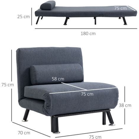 HOMCOM Single Folding 5 Position Convertible Sleeper Chair Sofa Bed Dark Grey
